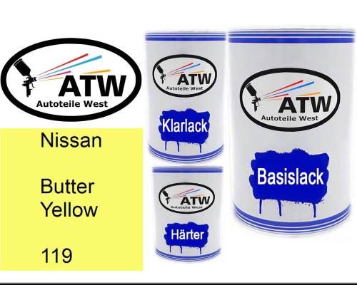 Nissan, Butter Yellow, 119: 500ml Lackdose + 500ml Klarlack + 250ml Härter - Set, von ATW Autoteile West.